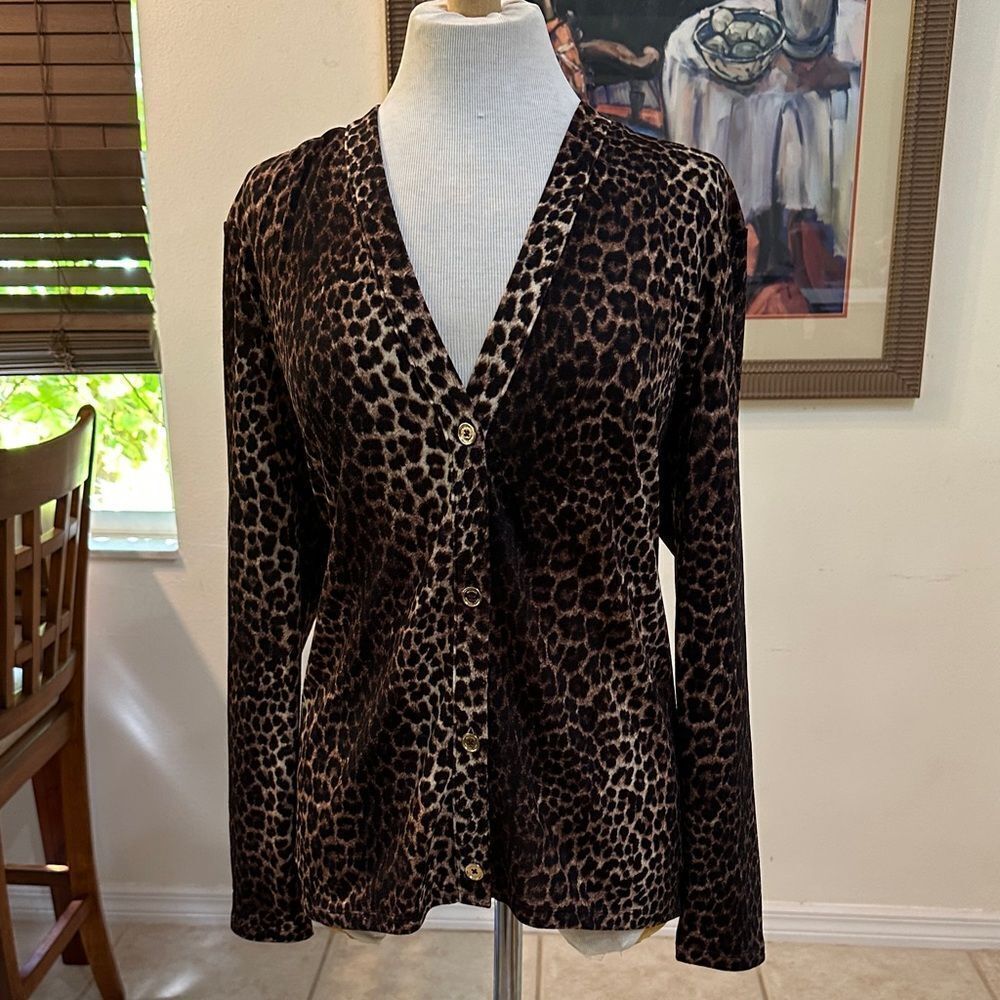 Michael Kors Leopard Print Button Down Cardigan w/Gold Buttons Size Medium - Picture 6 of 12